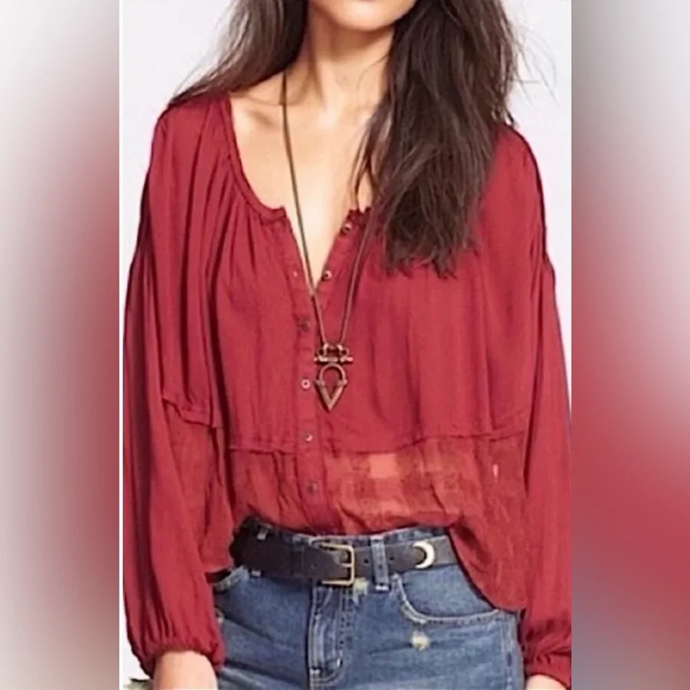 FREE PEOPLE Rainy Days Gauze Lace Oversized Boho Peasant Swing Top Burgundy M - Picture 1 of 13